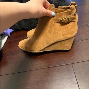 Alex Marie Tan Suede Wedge Ankle Booties with Side Buckle